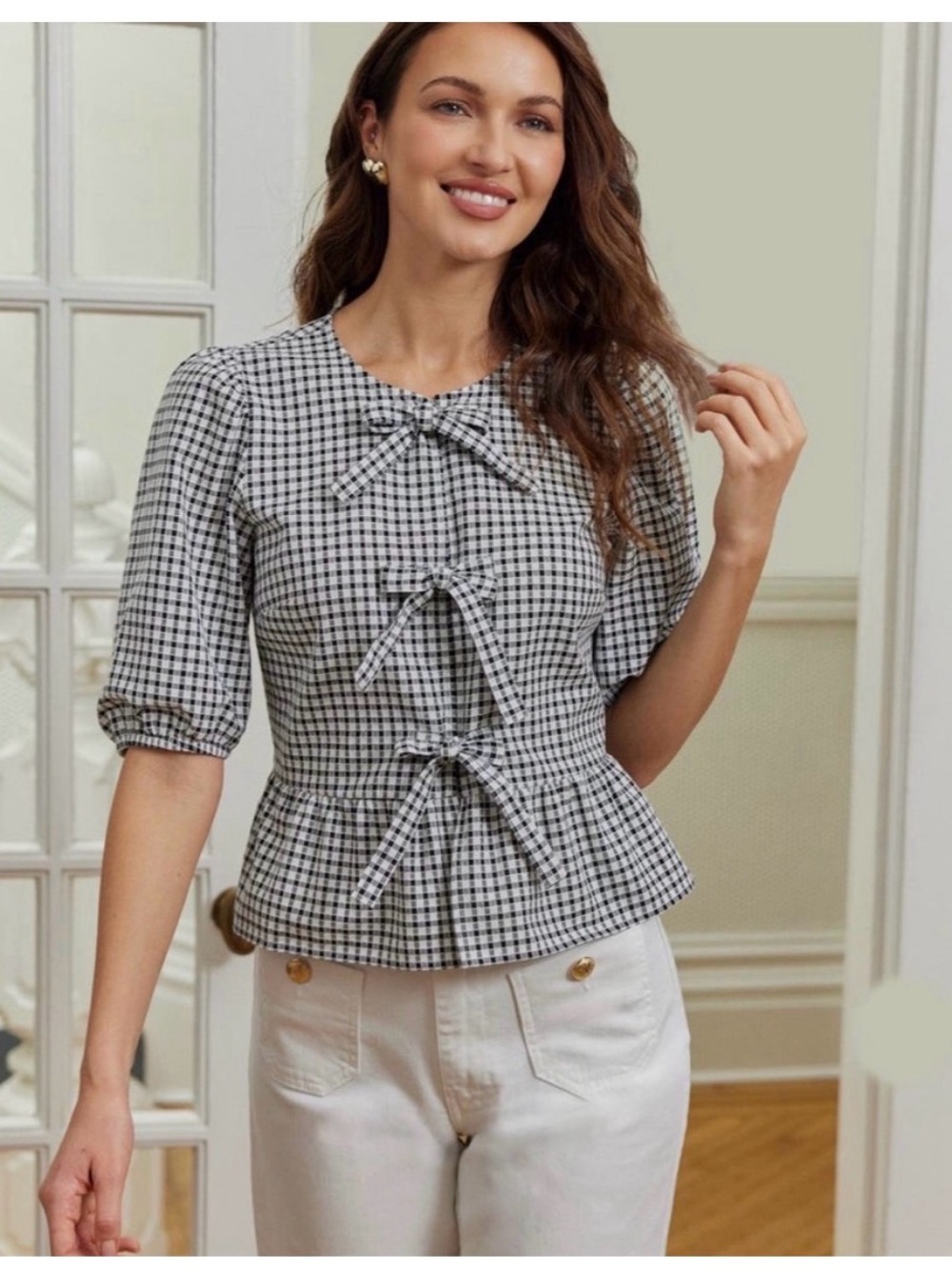 CeCe Black & White Gingham Tie-Front Peplum Top